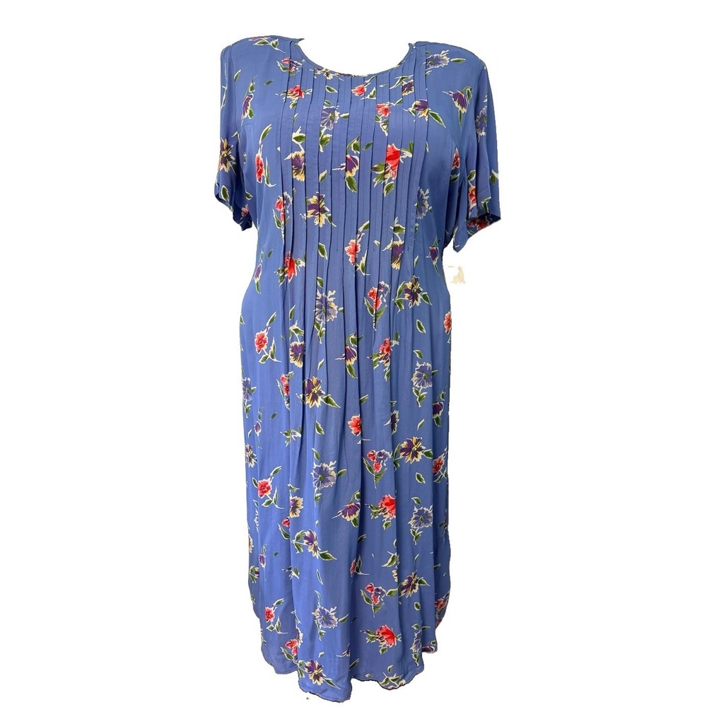 Vintage‎ Deadstock 90s Floral Maxi Dress Blue Pleated Tie Back Rayon Floral 24W